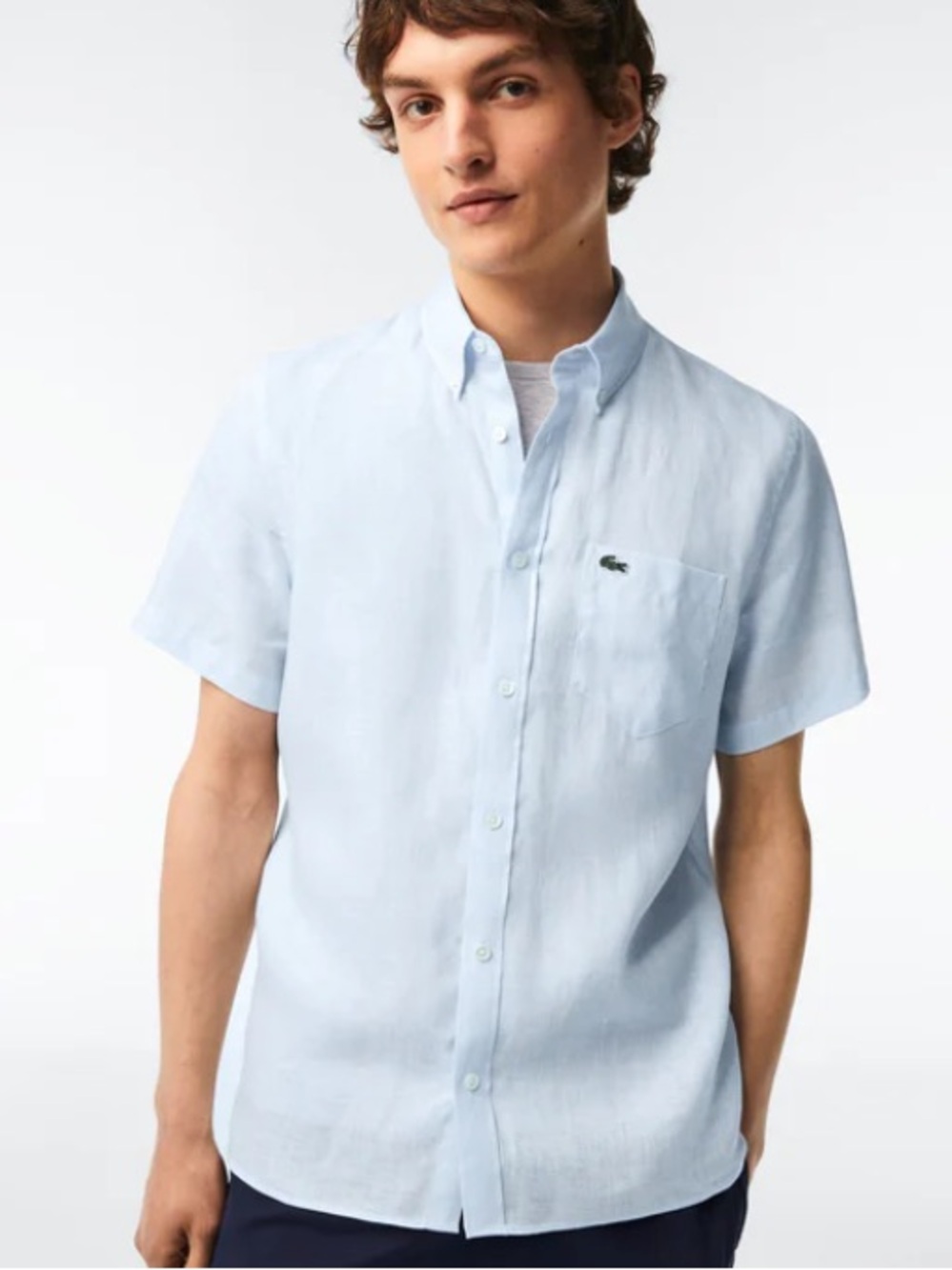 LACOSTE Men’s Regular Fit Light Blue Short Sleeved 100% Linen Shirt | 38